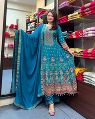 Women Blue Chinnon Rajasthani Anarkali Kurta Pant and Dupatta set