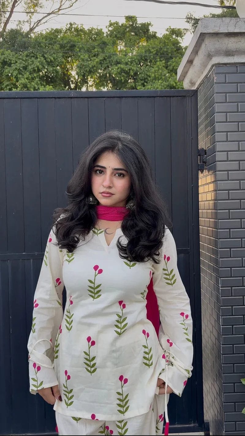Women White Cotton Berry Kurta Pant and Pink Dupatta set