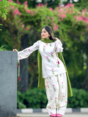 Women White Cotton Berry Kurta Pant and Green Dupatta set
