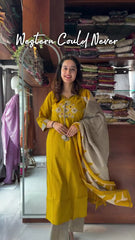 Women Yellow Cotton Mirror work Kurta Pant and Dupatta set