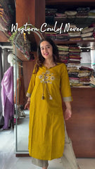 Women Yellow Cotton Mirror work Kurta Pant and Dupatta set