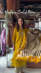 Women Yellow Cotton Mirror work Kurta Pant and Dupatta set