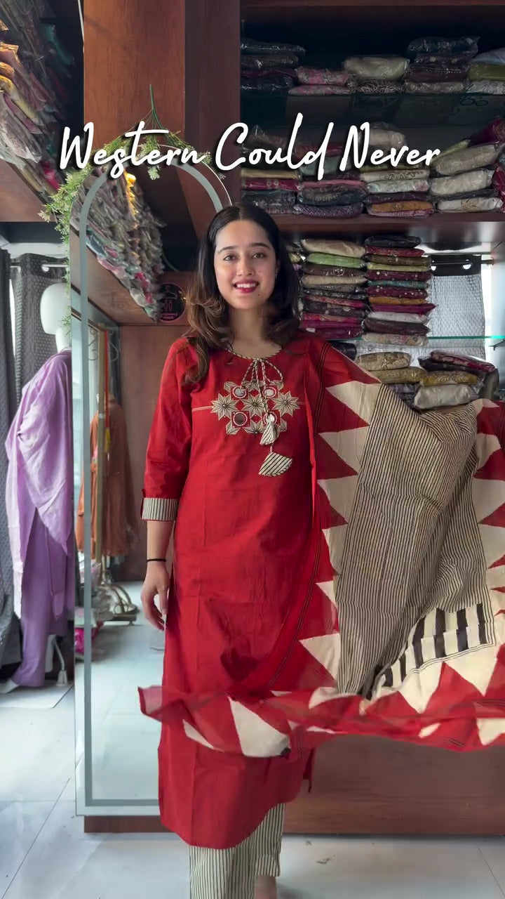 Women Red Cotton Mirror Work Kurta Pant and Dupatta set