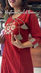 Women Red Cotton Mirror Work Kurta Pant and Dupatta set
