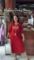 Women Red Cotton Mirror Work Kurta Pant and Dupatta set