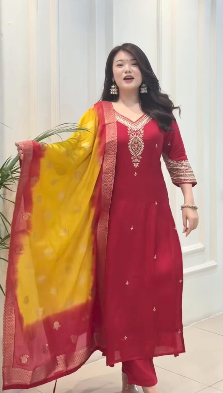 Women Red Kanjivaram Silk Kurta Pant and Dupatta set