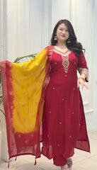 Women Red Kanjivaram Silk Kurta Pant and Dupatta set