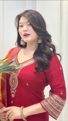 Women Red Kanjivaram Silk Kurta Pant and Dupatta set