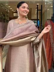 Women Rose Gold Kanjiivaram Silk Kurta Pant and Dupatta set
