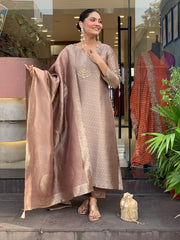Women Rose Gold Kanjiivaram Silk Kurta Pant and Dupatta set