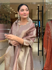 Women Rose Gold Kanjiivaram Silk Kurta Pant and Dupatta set