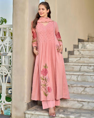 Women Pink Cotton Embroidery Printx Kurta Pant and Dupatta set