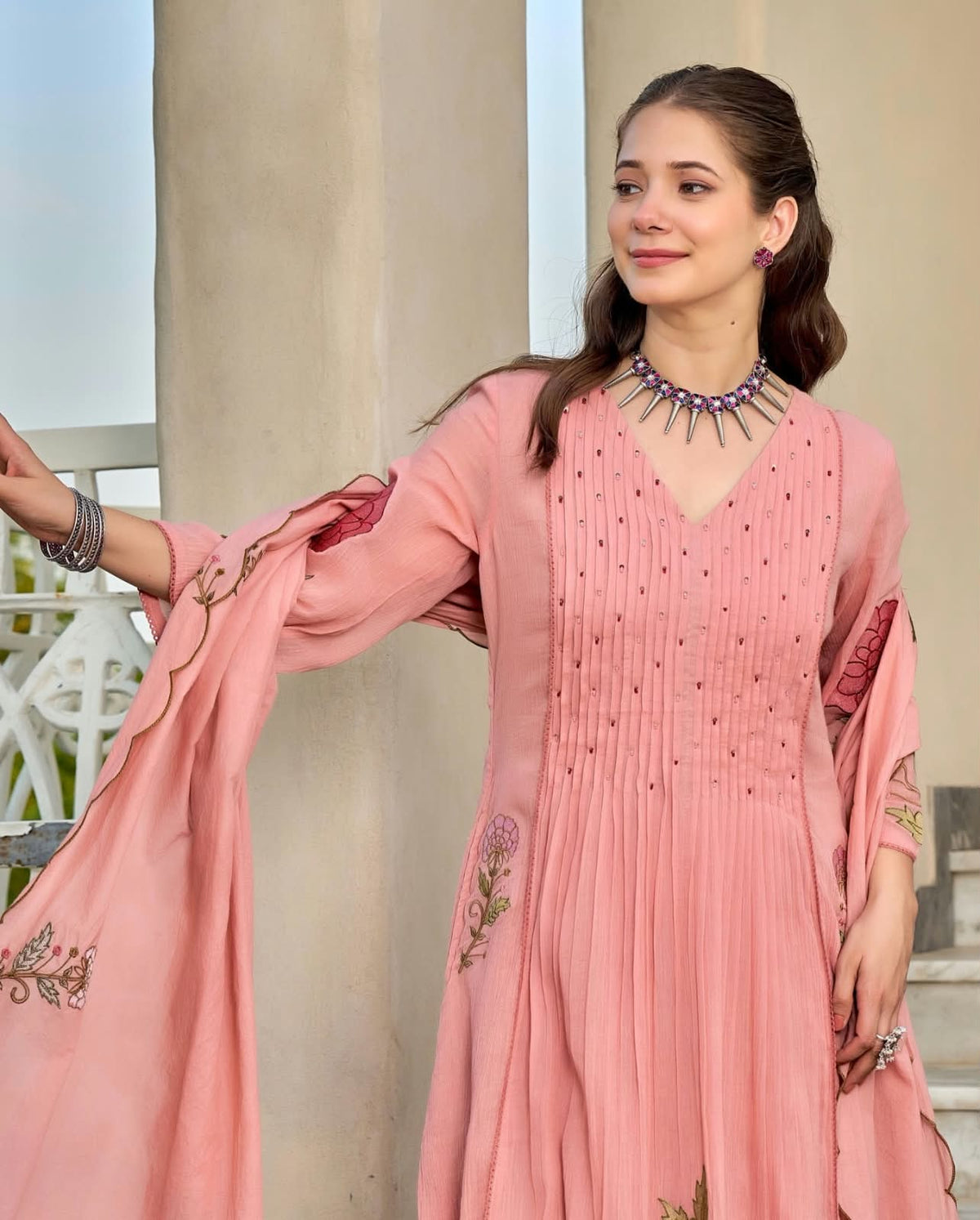 Women Pink Cotton Embroidery Printx Kurta Pant and Dupatta set