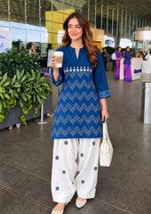 Women Blue Cotton Zigzag Co-Ord set