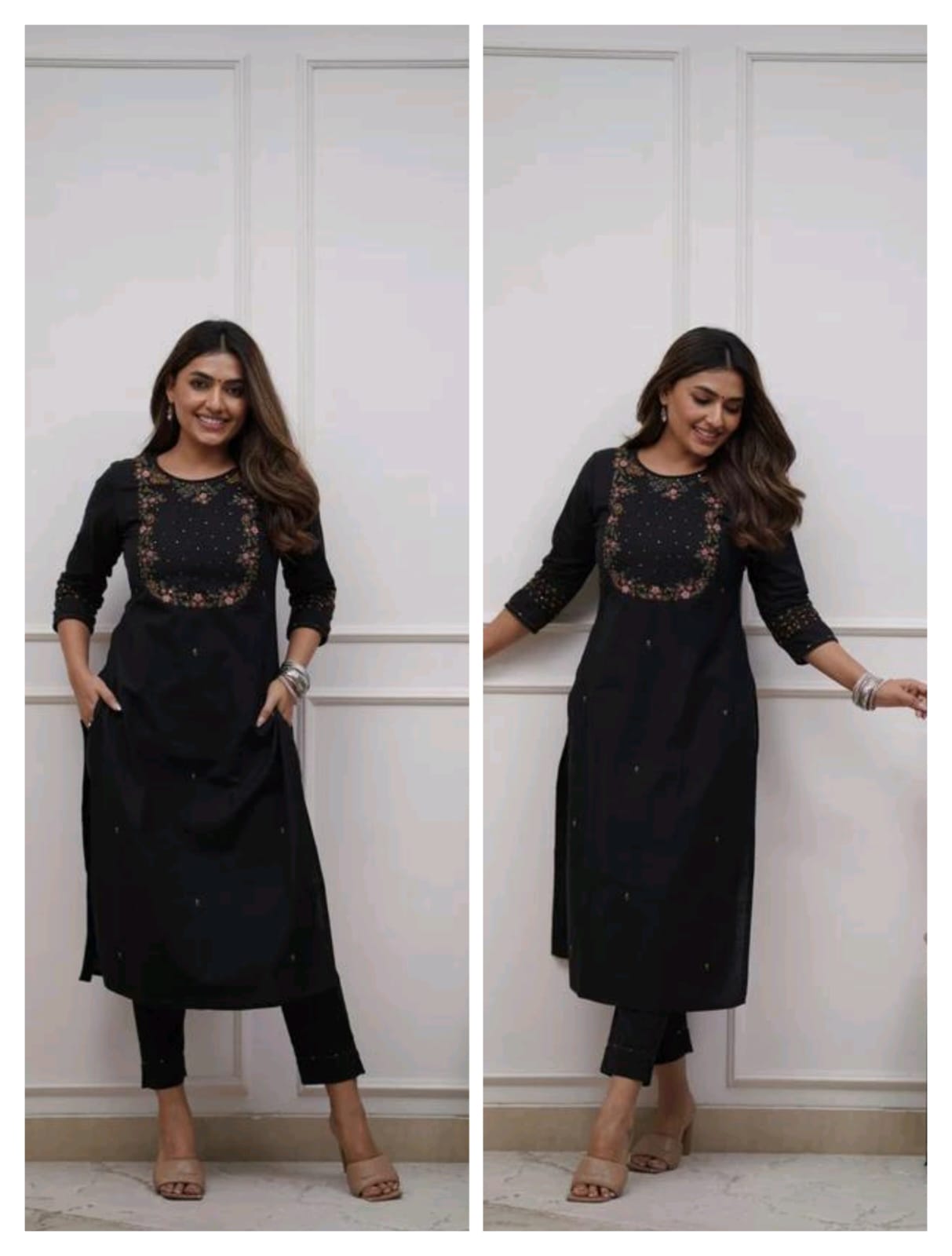 Women Trending Black Cotton Embroidery Kurta and Pant set