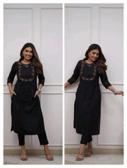 Women Trending Black Cotton Embroidery Kurta and Pant set