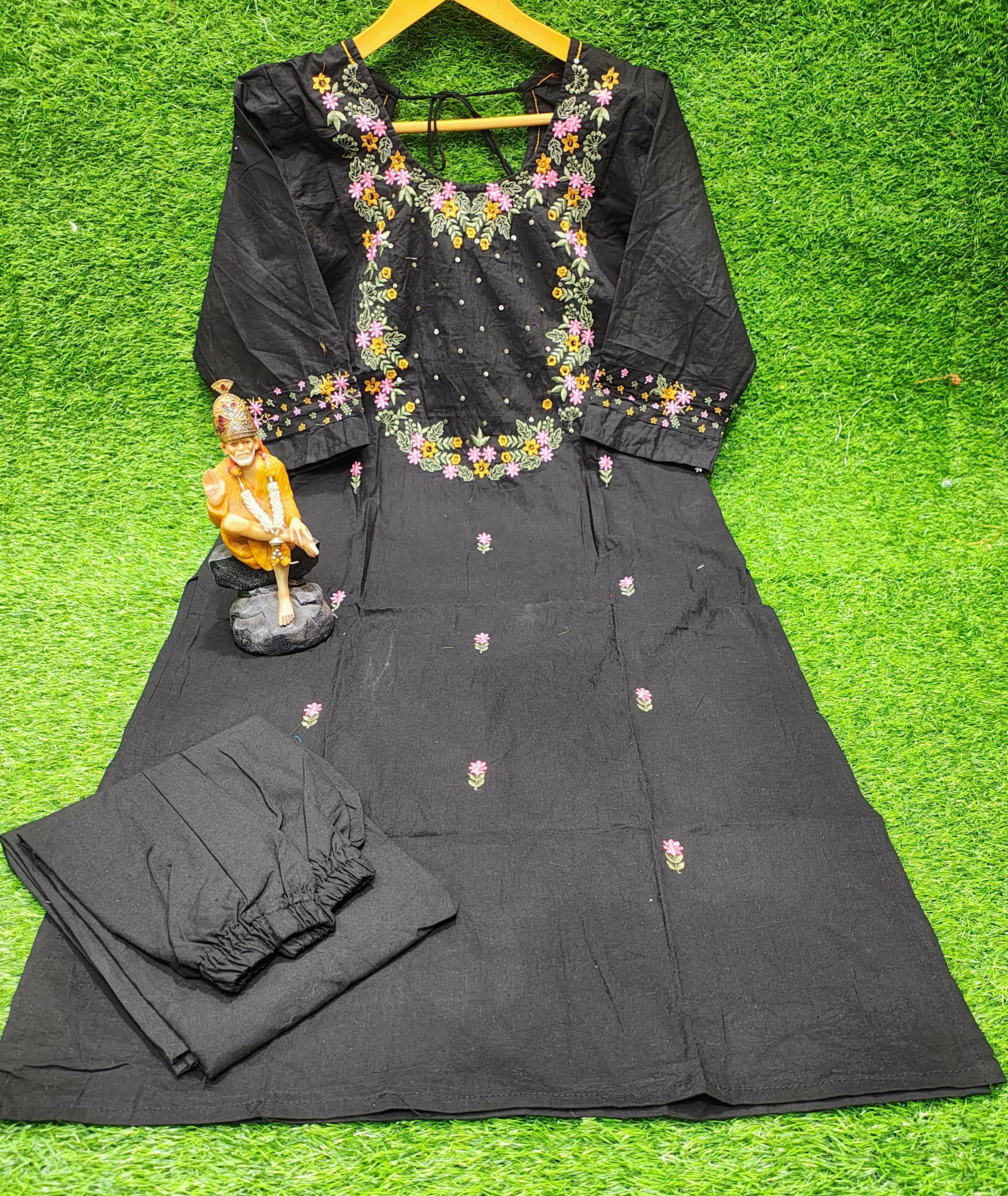 Women Trending Black Cotton Embroidery Kurta and Pant set