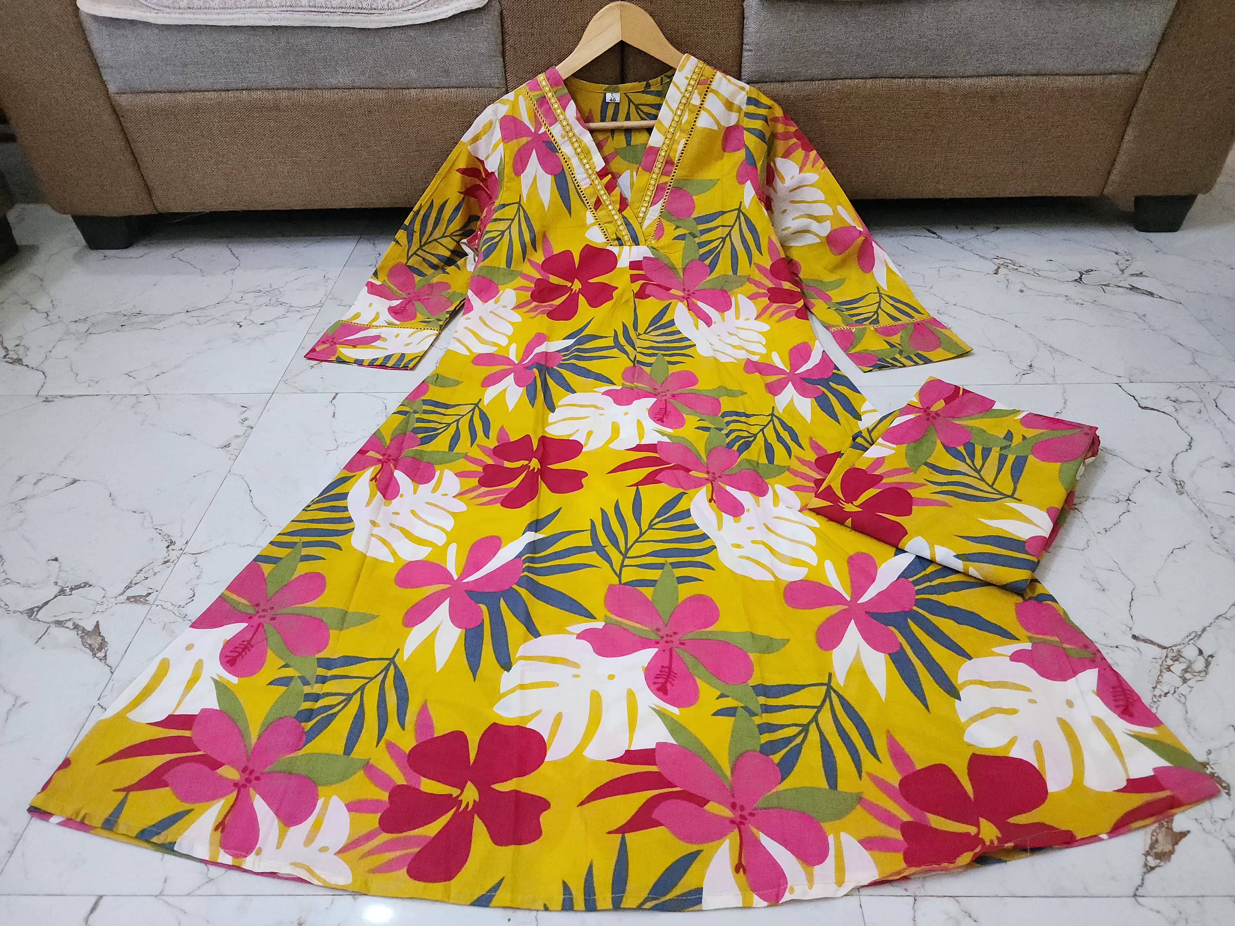 Trending Yellow Flower Cotton Kurta Pant set