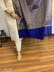 Women Chikankari Cotton Kurta Pant and Blue Banarsi Dupatta set