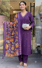 Trending Handloom Dupatta Purple cotton Kurta Pant and Dupatta set
