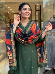 Trending Cotton Green Kurta Pant and Dupatta set