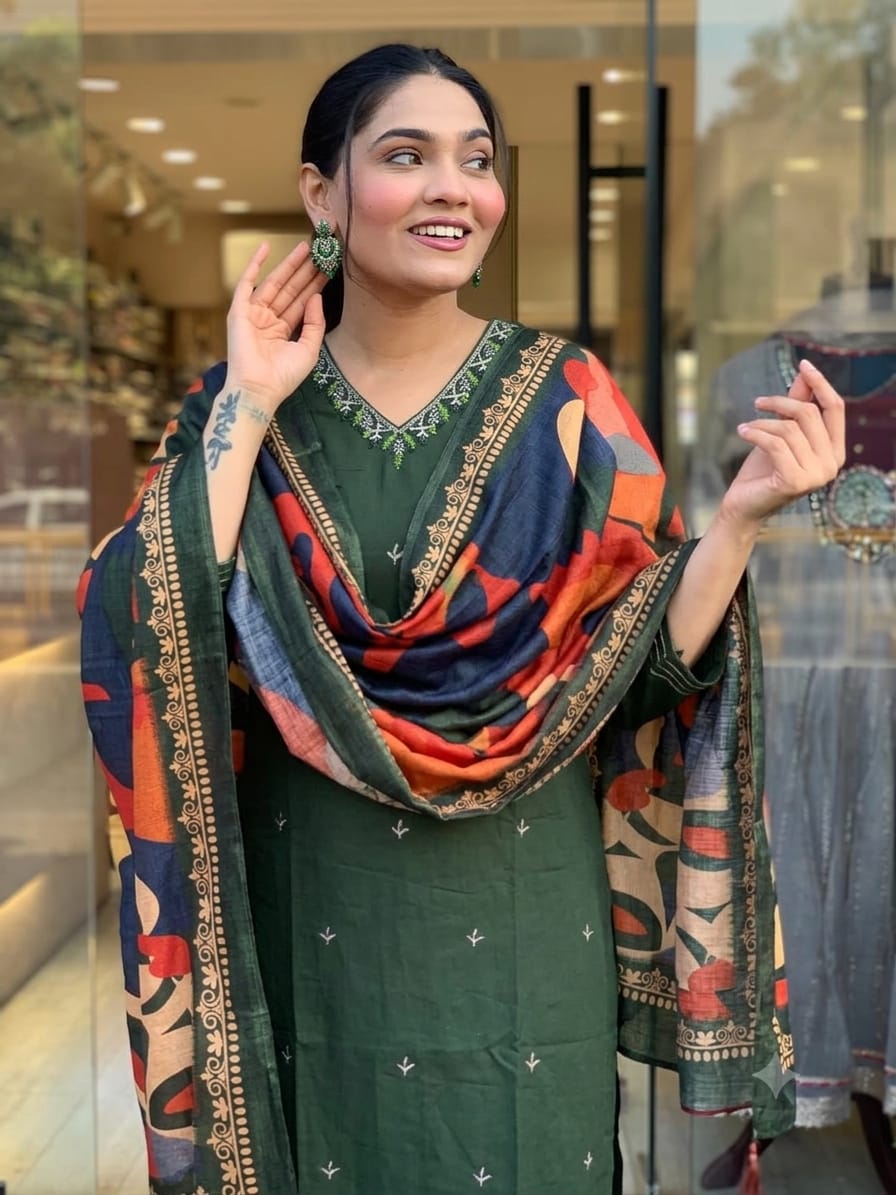 Trending Cotton Green Kurta Pant and Dupatta set