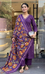 Trending Handloom Dupatta Purple cotton Kurta Pant and Dupatta set