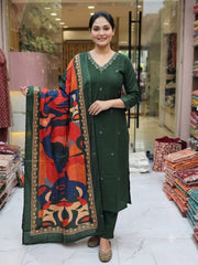 Trending Cotton Green Kurta Pant and Dupatta set