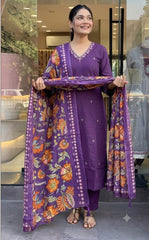 Trending Handloom Dupatta Purple cotton Kurta Pant and Dupatta set