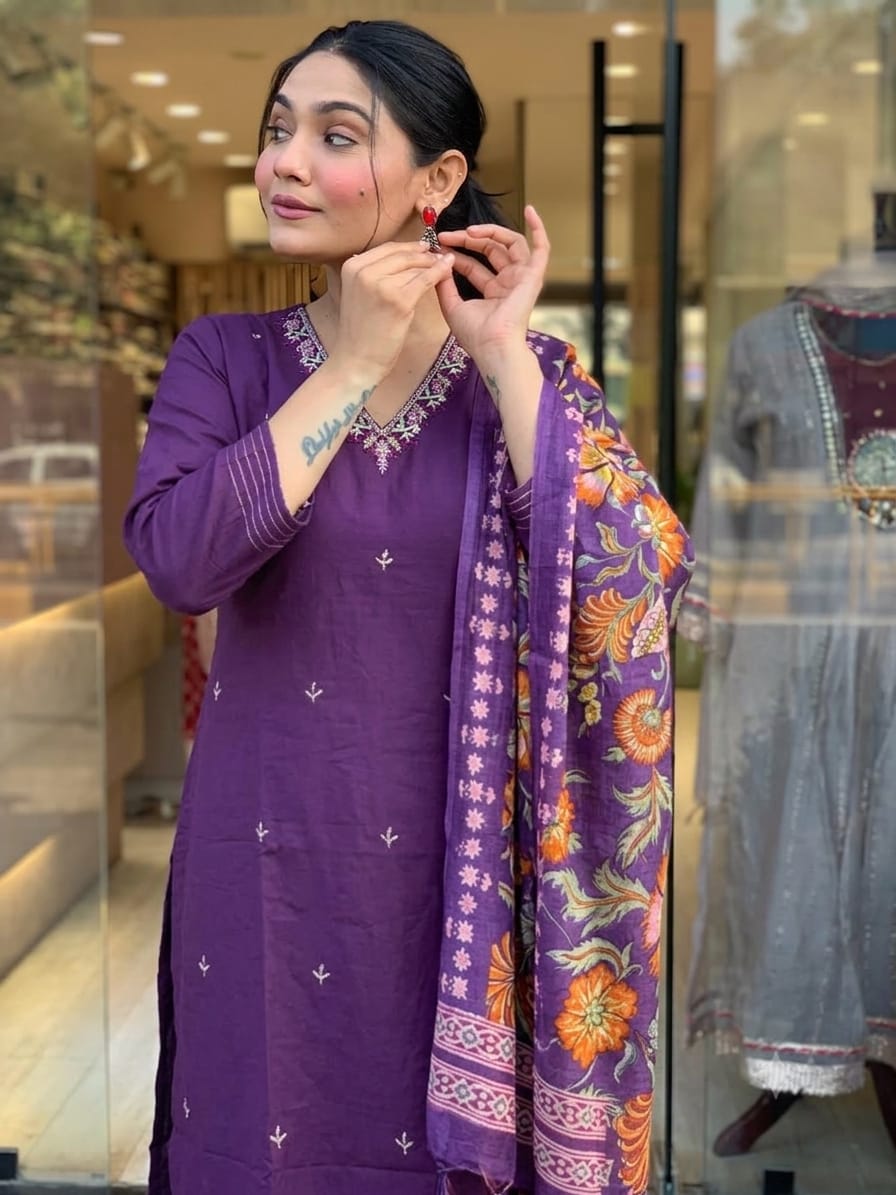 Trending Handloom Dupatta Purple cotton Kurta Pant and Dupatta set