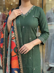 Trending Cotton Green Kurta Pant and Dupatta set